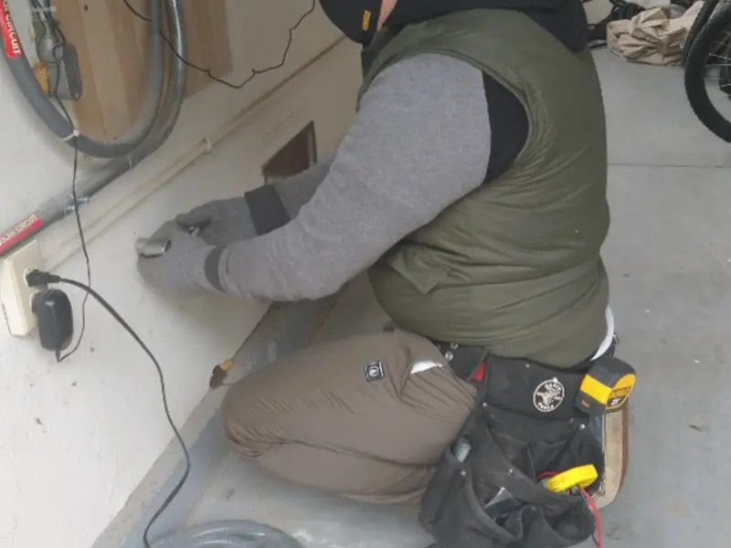 Electrician performing outlet wiring in a Dilley garage